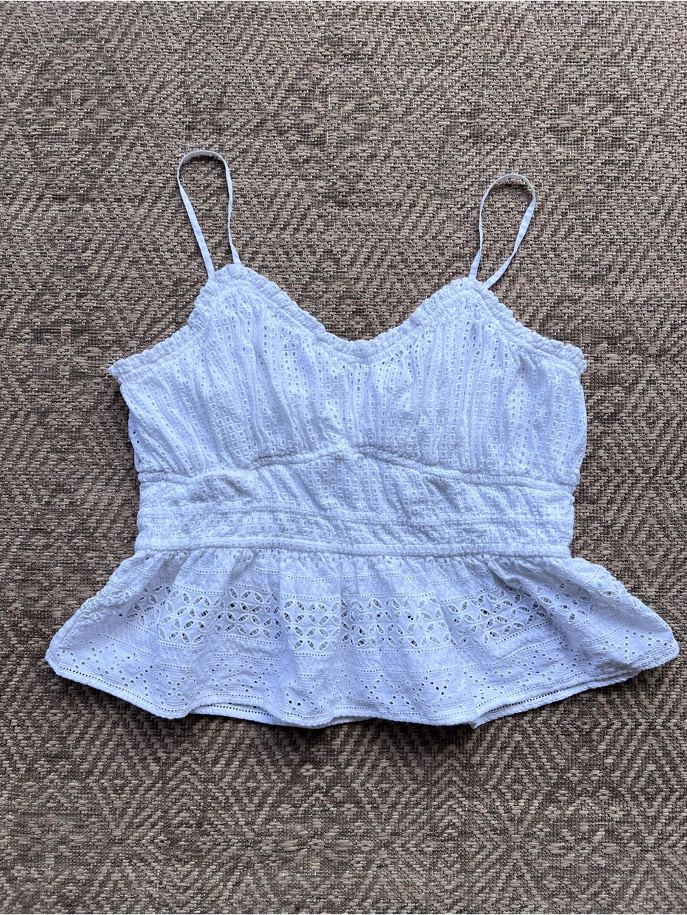 Boden White Eyelet Cotton Peplum Cami Top Womens 12 Embroidered Lined Boho - Picture 4 of 10